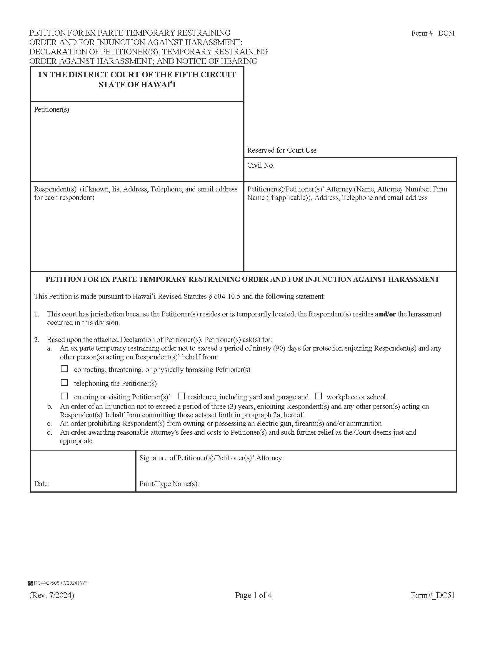 Petition For Ex Parte Temporary Restraining Order And For Injunction Against Harassment {5DC51} | Pdf Fpdf Docx | Hawaii