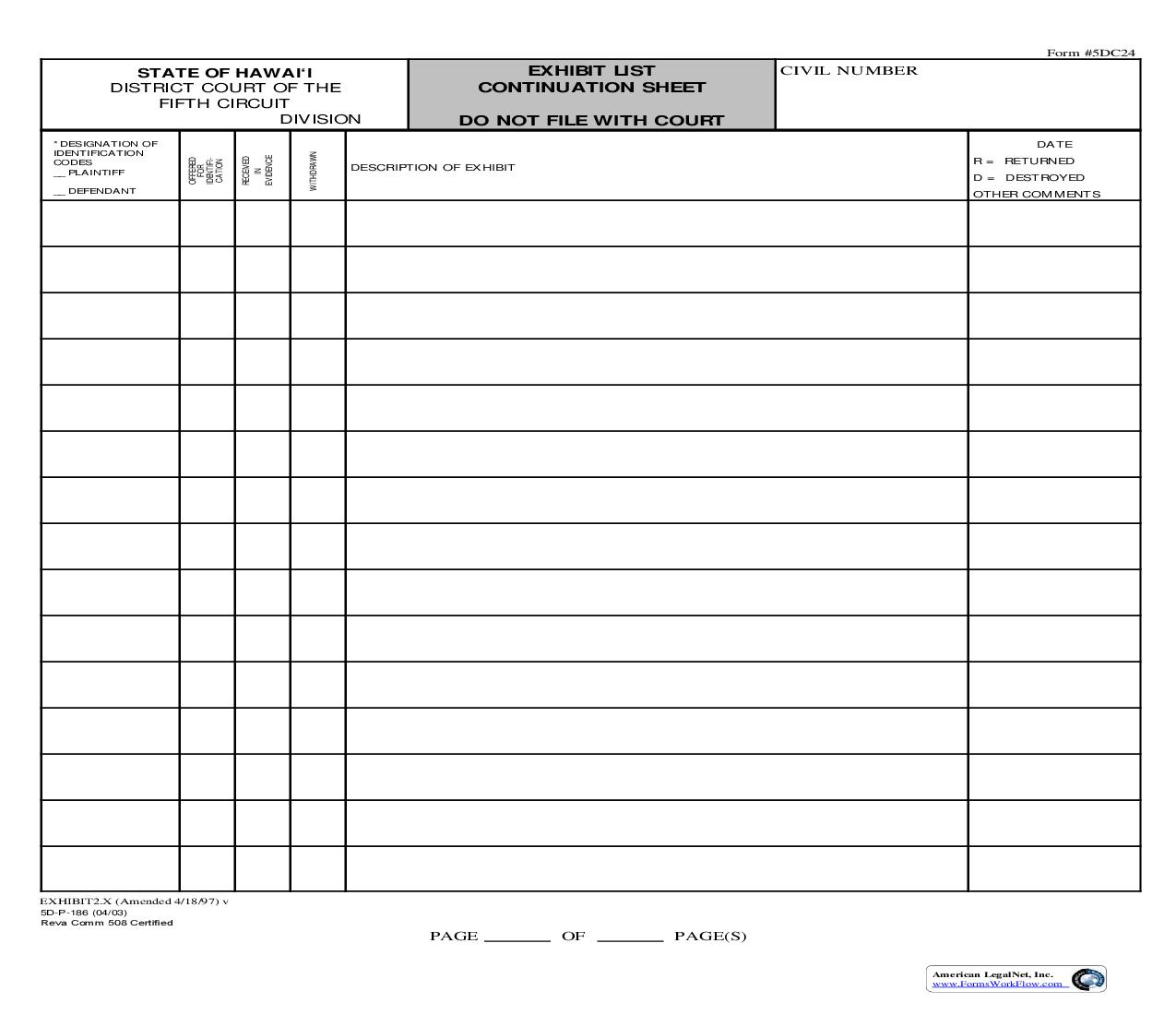 Exhibit List Continuation Sheet {5DC24} | Pdf Fpdf Doc Docx | Hawaii