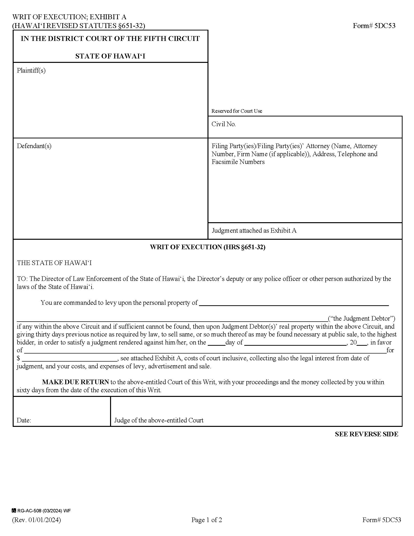 Writ Of Execution {5DC53} | Pdf Fpdf Doc Docx | Hawaii