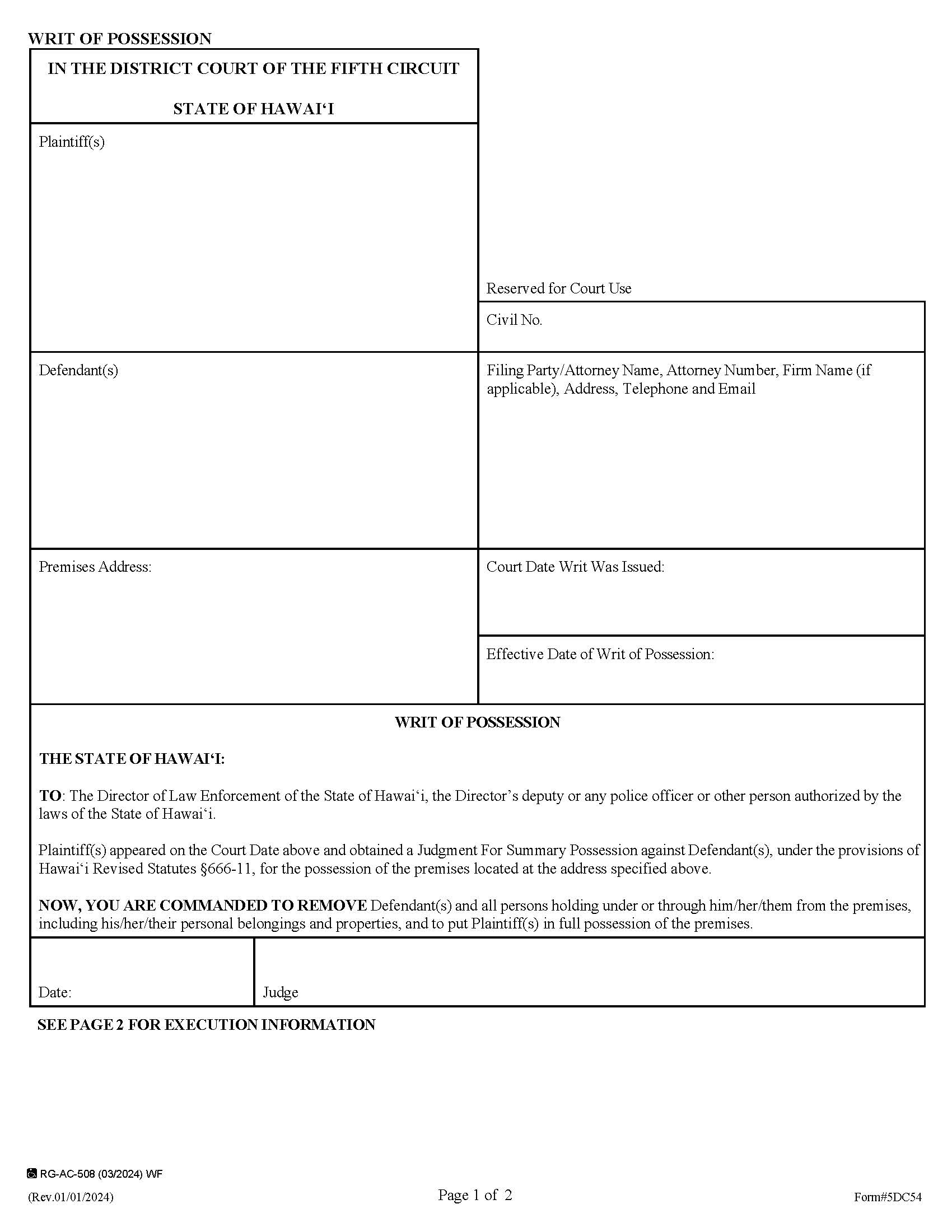 Writ Of Possession {5DC54} | Pdf Fpdf Doc Docx | Hawaii