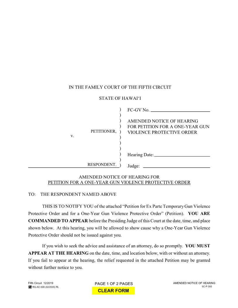 Amended Notice Of Hearing For Petition For 1 Year Gun Violence Protection {5C-P-350} | Pdf Fpdf Docx | Hawaii