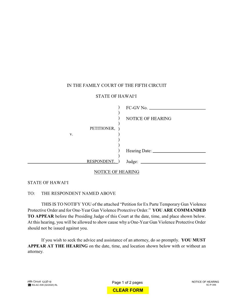 Notice Of Hearing {5C-P-346} | Pdf Fpdf Docx | Hawaii