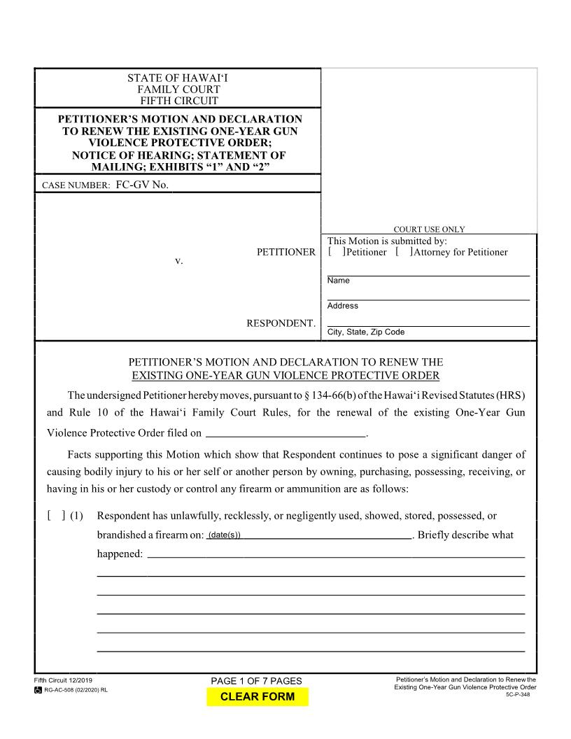 Petitioners Motion And Declaration To Renew Existing Protective Order {5C-P-348} | Pdf Fpdf Docx | Hawaii