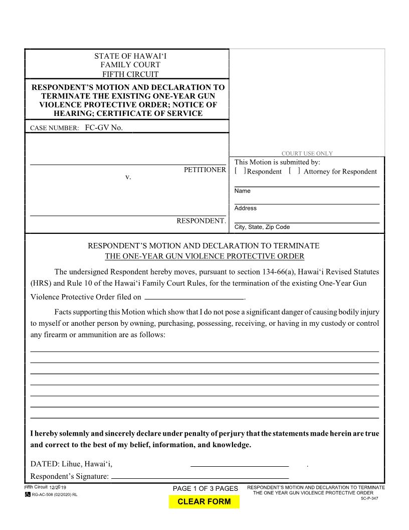 Respondents Motion And Declaration To Terminate Existing Protective Order {5C-P-347} | Pdf Fpdf Docx | Hawaii
