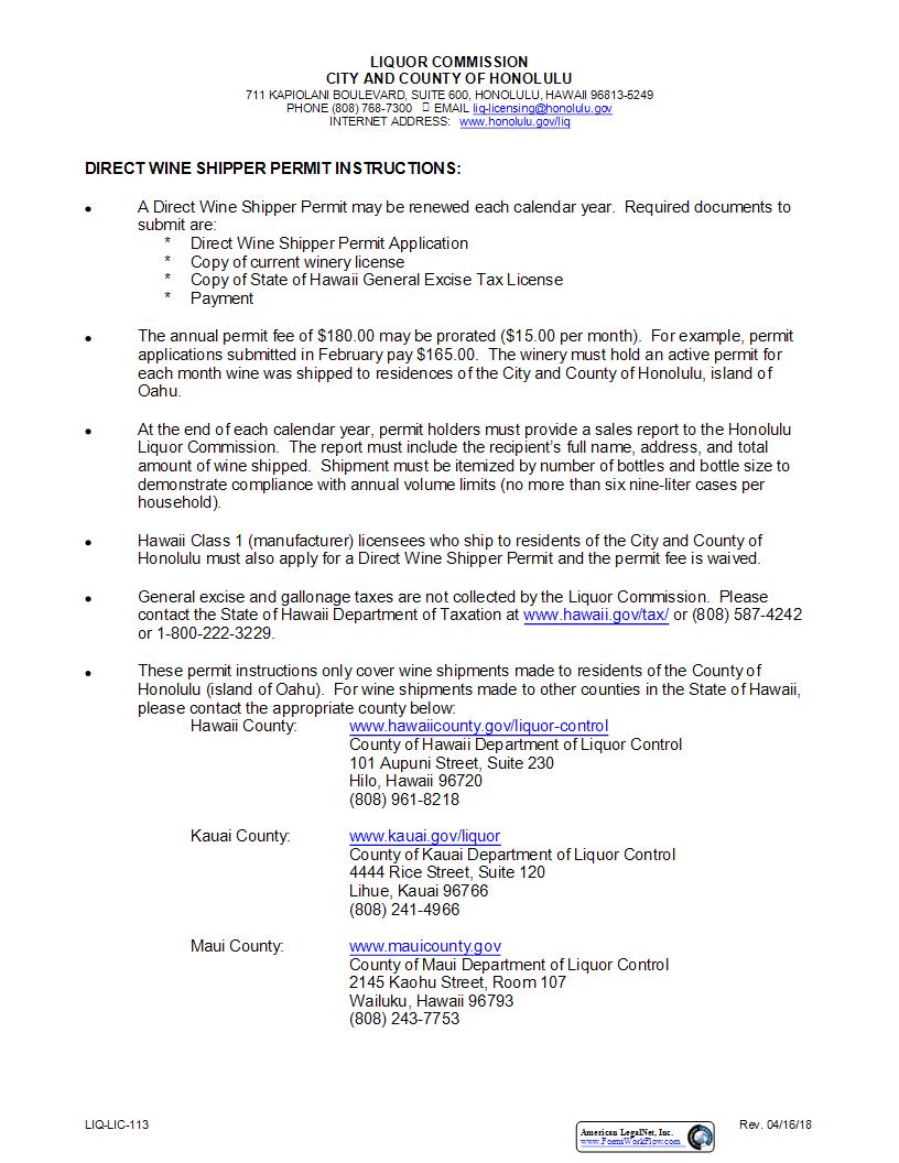 Direct Wine Shipper Permit Application {LIQ-LIC-113} |  | Hawaii