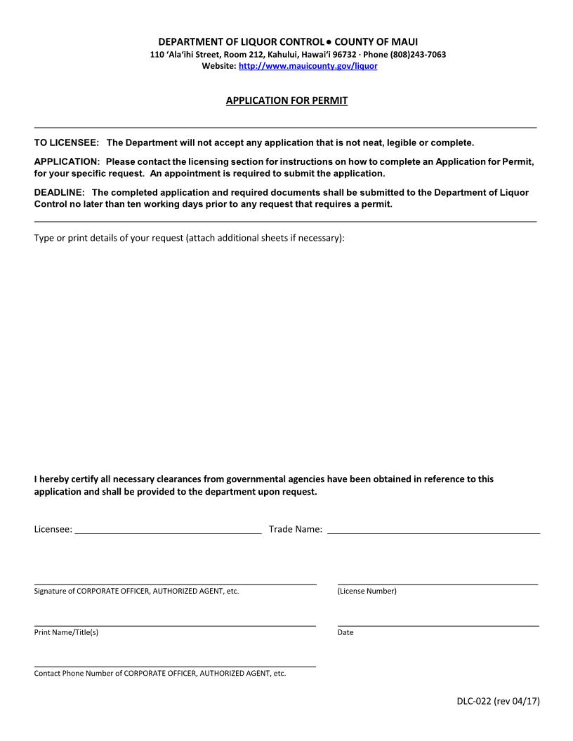 Application For Permit {DLC-022} | Pdf Fpdf Doc Docx | Hawaii