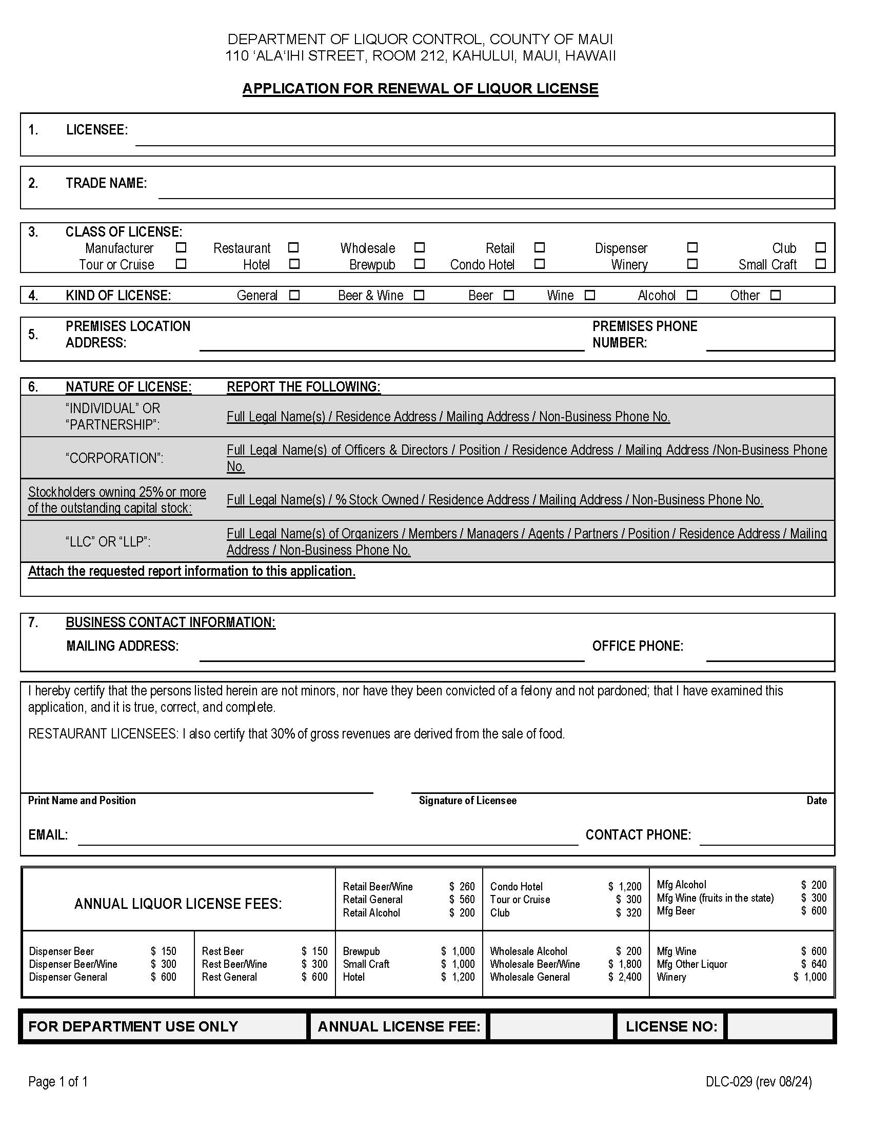 Application For Renewal Of Liquor License {DLC-029} | Pdf Fpdf Docx | Hawaii