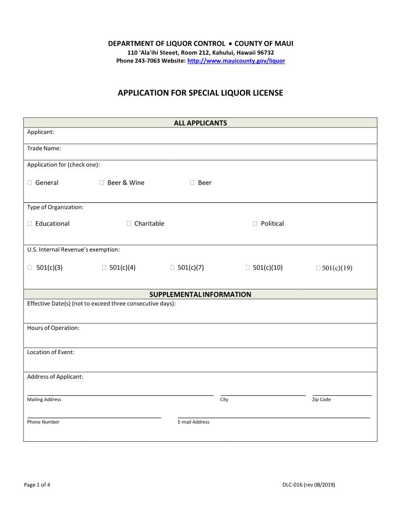 Application For Special Liquor License {DLC-016} | Pdf Fpdf Doc Docx | Hawaii