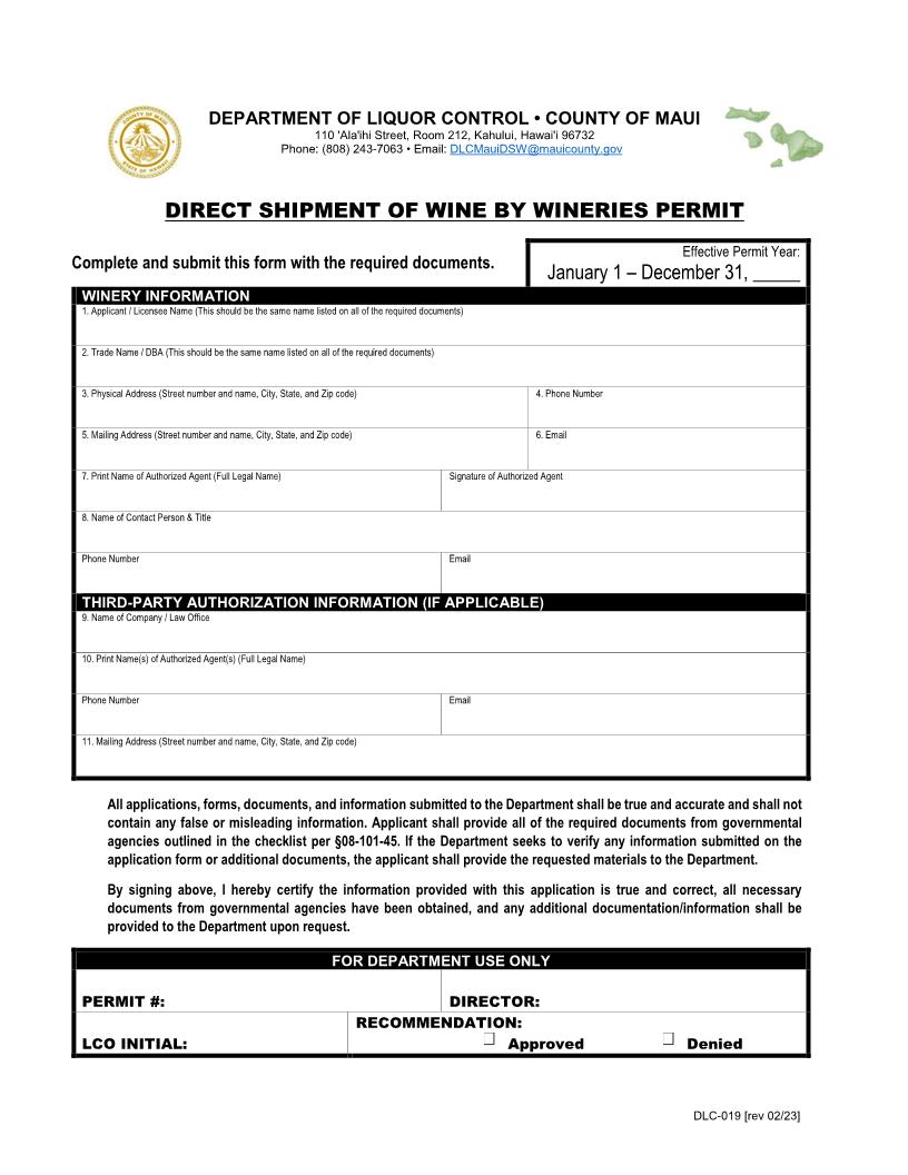 Direct Wine Shipper Permit Application {DLC-019} | Pdf Fpdf Doc Docx | Hawaii
