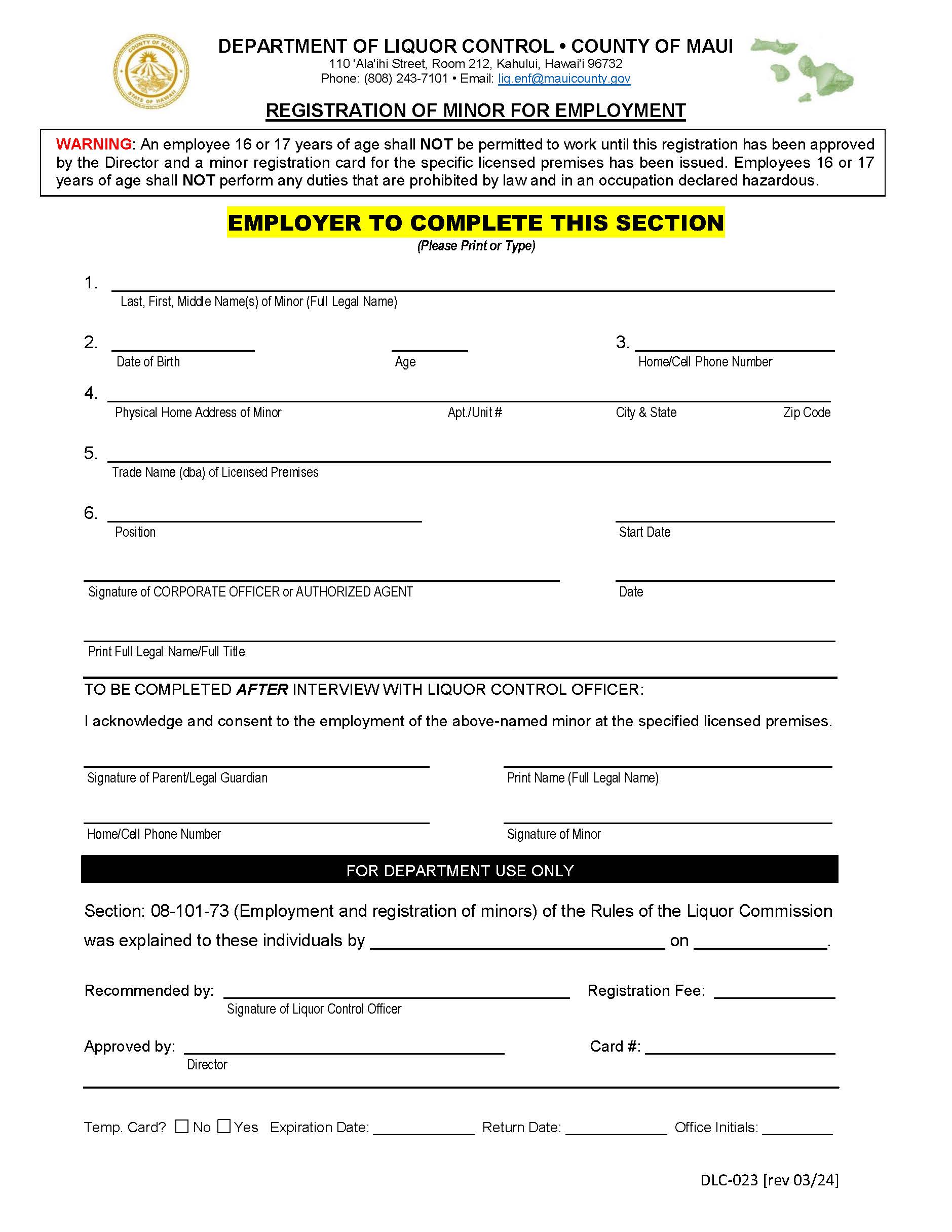 Registration Of Minor For Employment {DLC-023} | Pdf Fpdf Doc Docx | Hawaii