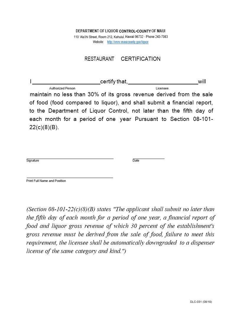 Restarant Certification {DLC-031} | Pdf Fpdf Docx | Hawaii