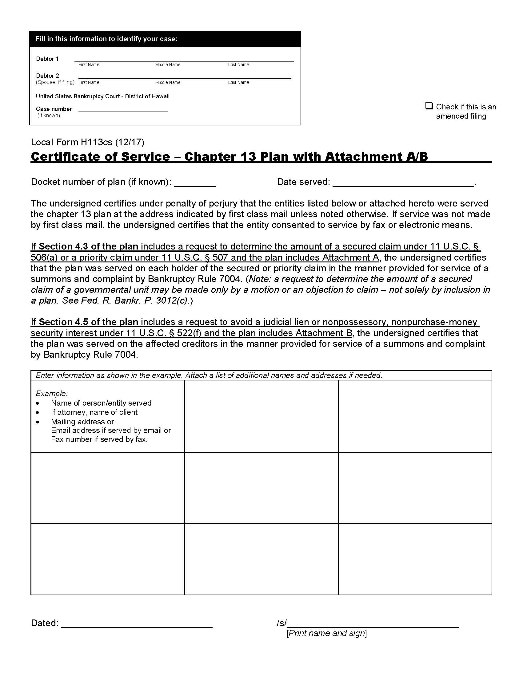 Certificate Of Service - Chapter 13 Plan With Attachment A-B {H113cs} | Pdf Fpdf Docx | Hawaii