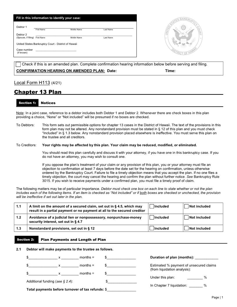 Chapter 13 Plan {H113} | Pdf Fpdf Docx | Hawaii