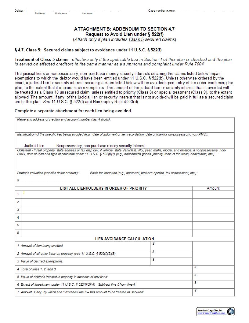 Chapter 13 Plan Attachment B Request To Avoid Lien {H113} | Pdf Fpdf Docx | Hawaii