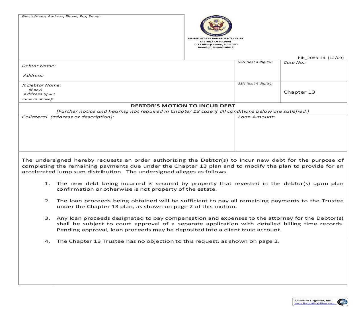 Debtors Motion To Incur Debt {hib 2083-1d} | Pdf Fpdf Doc Docx | Hawaii