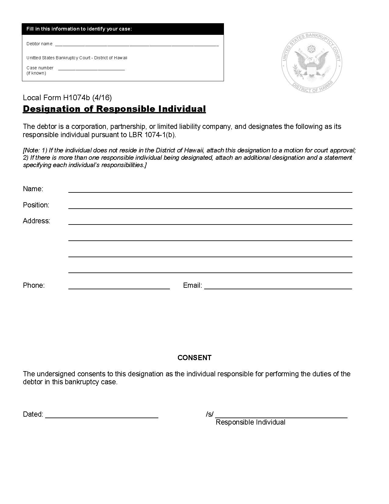 Designation Of Responsible Individual {H1074b} | Pdf Fpdf Doc Docx | Hawaii