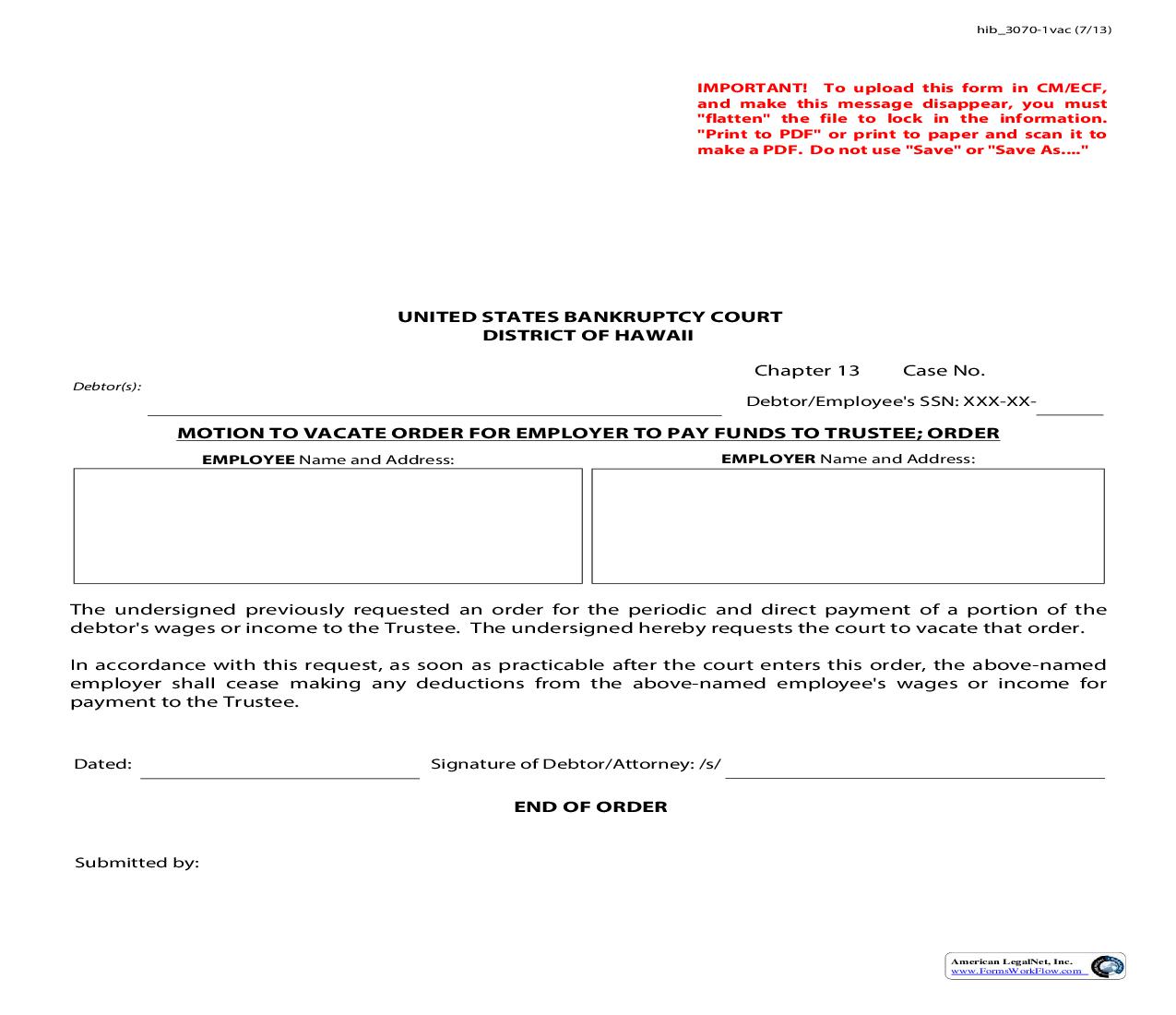 Motion To Vacate Order To Employer To Pay Funds To Trustee {hib 3070-1vac} | Pdf Fpdf Doc Docx | Hawaii