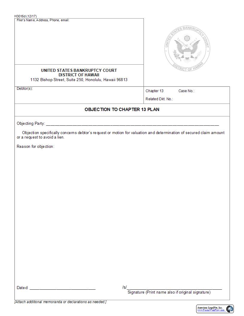 Objection To Chapter 13 Plan {H3015d} | Pdf Fpdf Docx | Hawaii