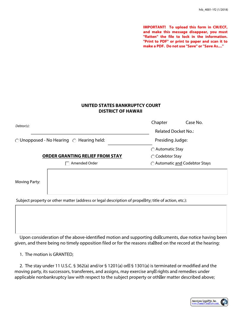 Order Granting Relief From Stay {hib 4001-1f2} | Pdf Fpdf Docx | Hawaii