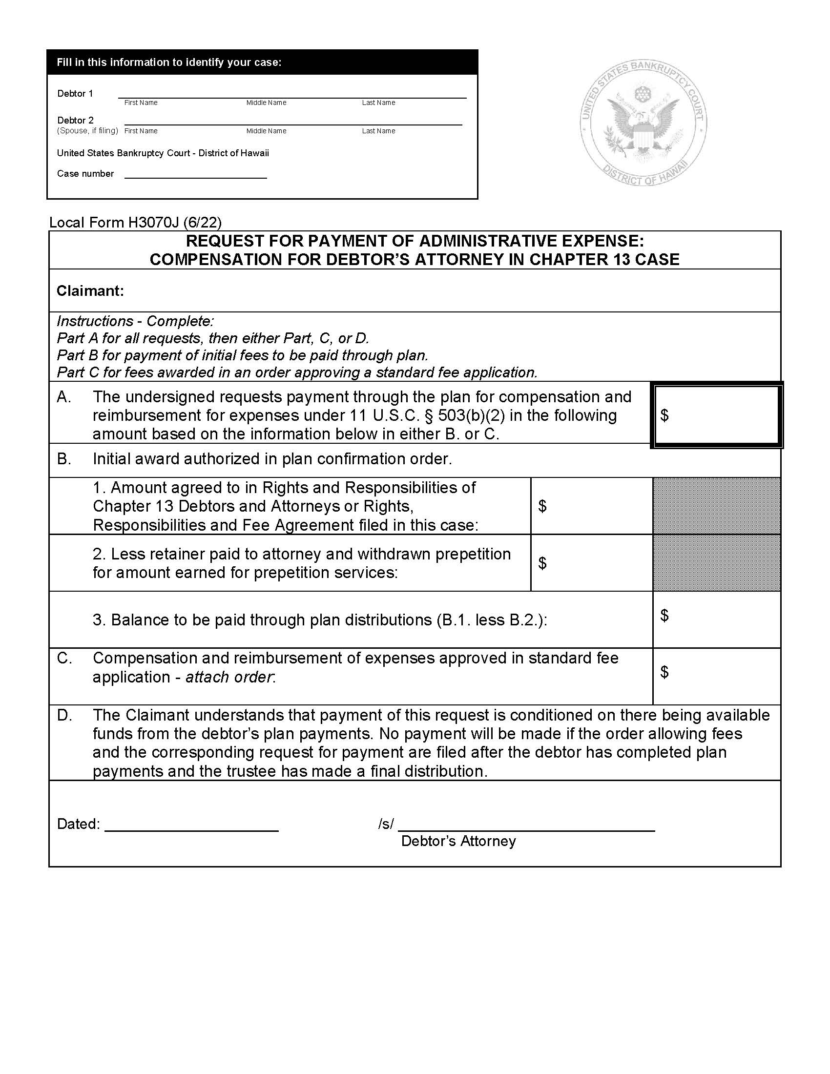 Request For Payment Of Administrative Expense {H3070J} | Pdf Fpdf Doc Docx | Hawaii