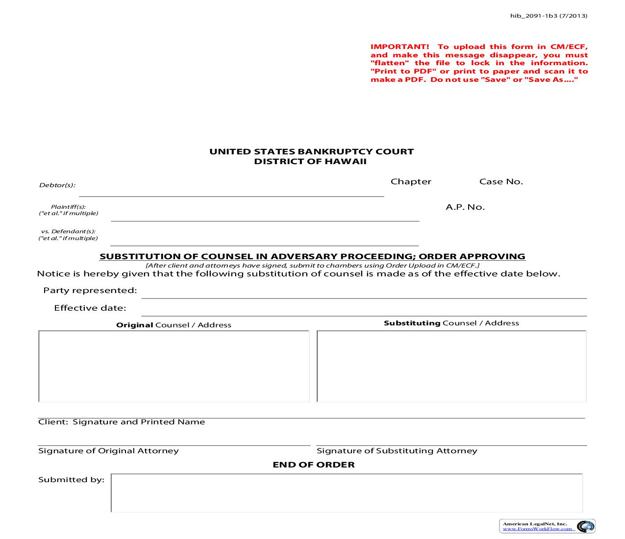 Substitution Of Counsel In Adversary Proceeding Order Approving {hib 2091-1b3} | Pdf Fpdf Doc Docx | Hawaii