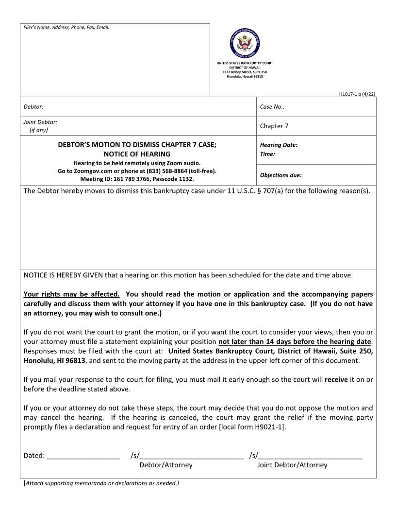 Debtors Motion To Dismiss Chapter 7 Case {H10171b} | Pdf Fpdf Docx | Hawaii