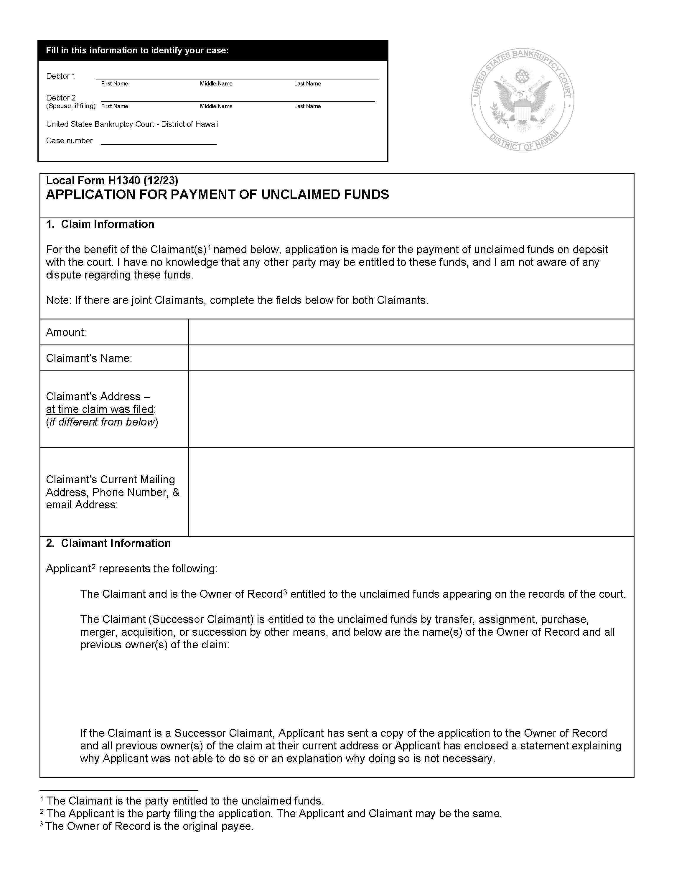 Application For Unclaimed Funds {H1340} | Pdf Fpdf Doc Docx | Hawaii