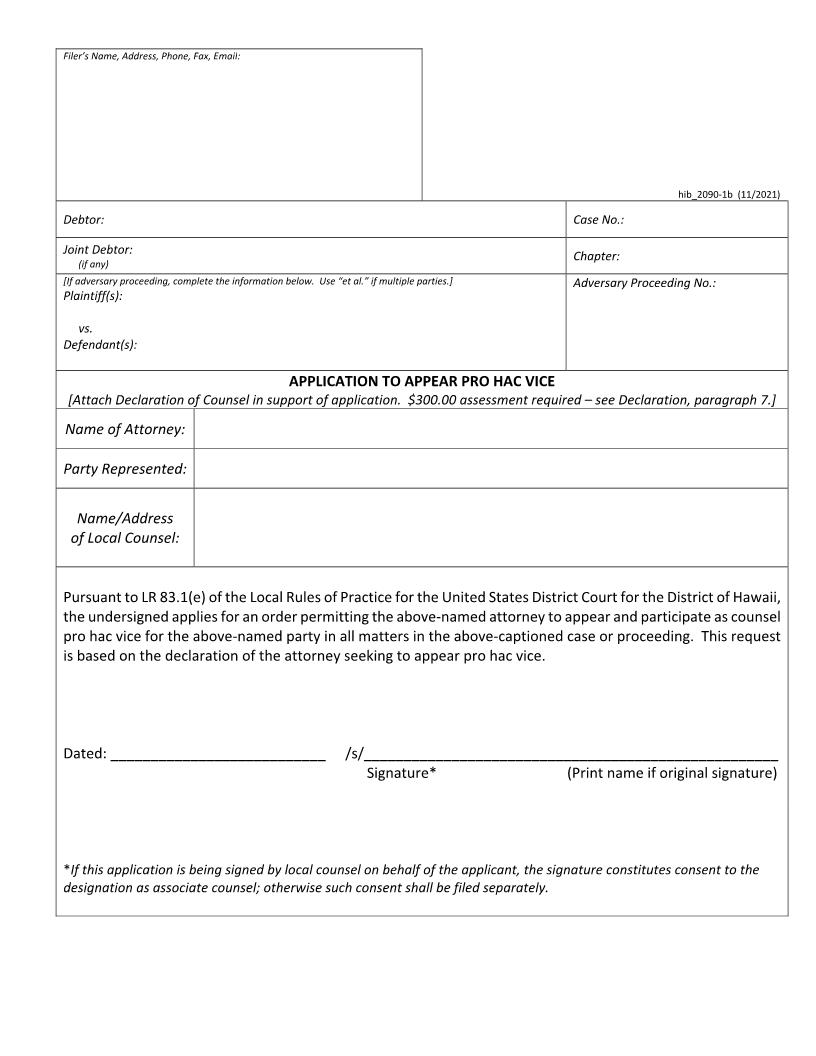 Application To Appear Pro Hac Vice {hib 2090-1b} | Pdf Fpdf Doc Docx | Hawaii