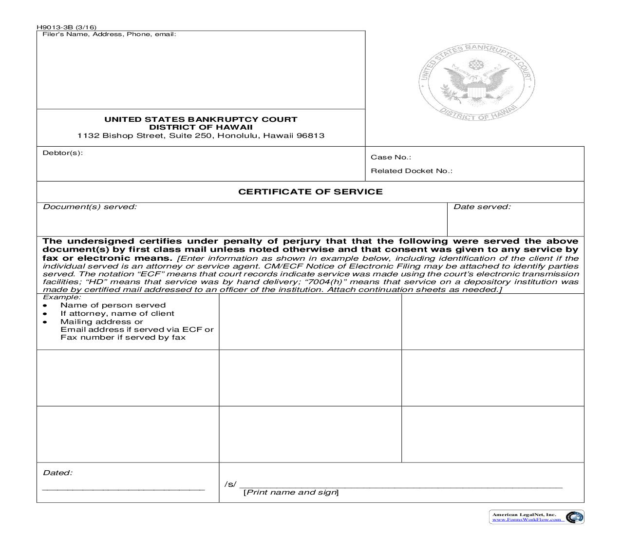 Certificate Of Service {hib 9013-3B} | Pdf Fpdf Doc Docx | Hawaii