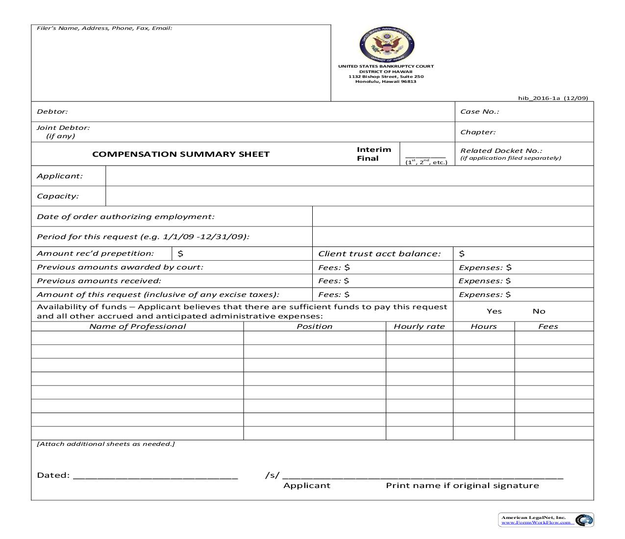 Compensation Summary Sheet {hib 2016-1a} | Pdf Fpdf Doc Docx | Hawaii