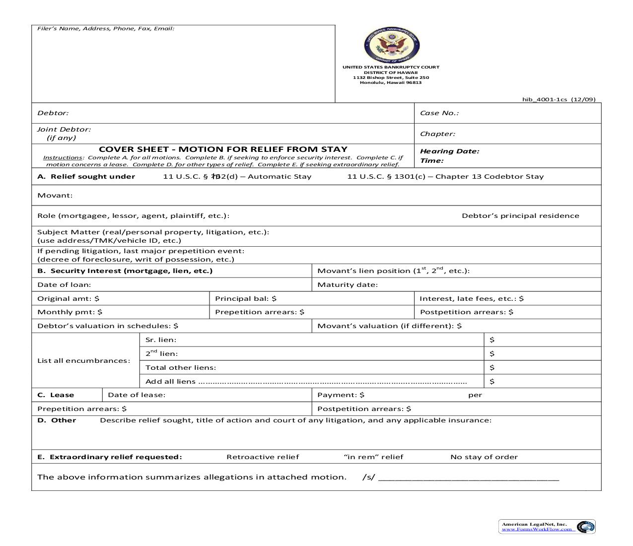 Cover Sheet For Motion For Relief From Stay {hib 4001-1cs} | Pdf Fpdf Doc Docx | Hawaii