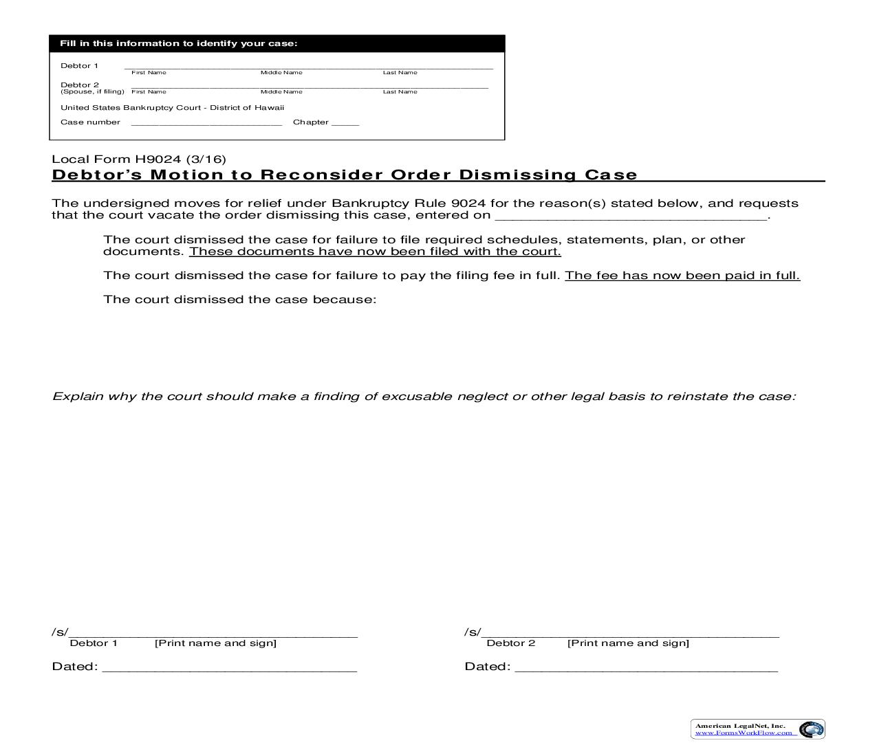 Debtors Motion To Reconsider Order Dismissing Case {H9024} | Pdf Fpdf Doc Docx | Hawaii
