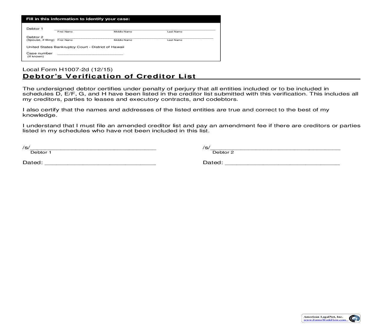 Debtors Verification Of Creditor List {H1007-2d} | Pdf Fpdf Doc Docx | Hawaii