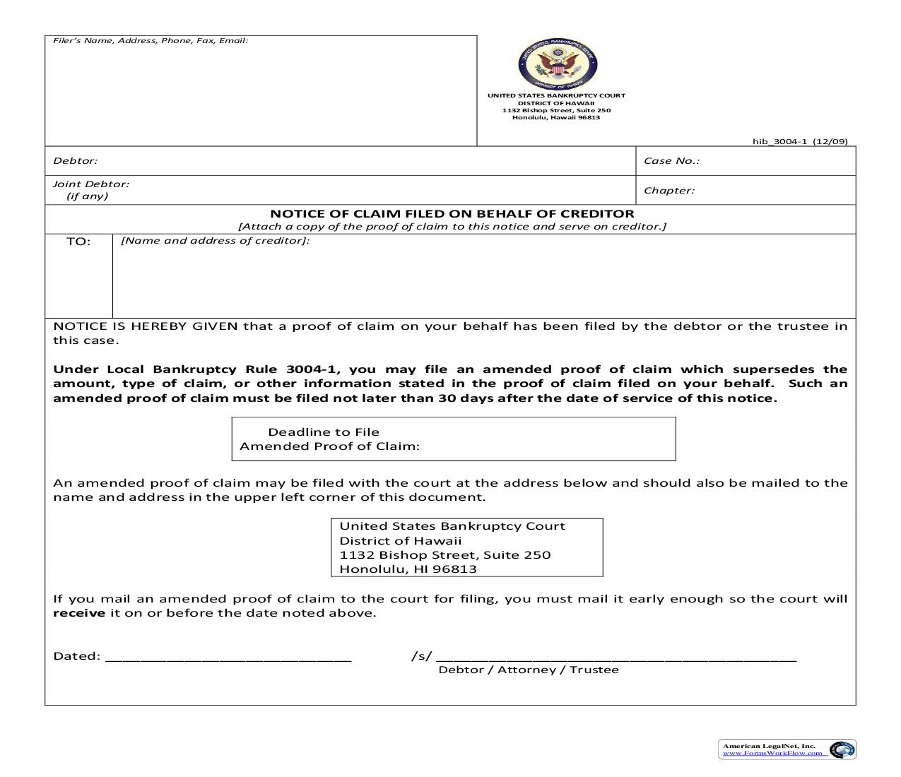 Notice Of Claim Filed On behalf Of Creditor {hib 3004-1} | Pdf Fpdf Doc Docx | Hawaii