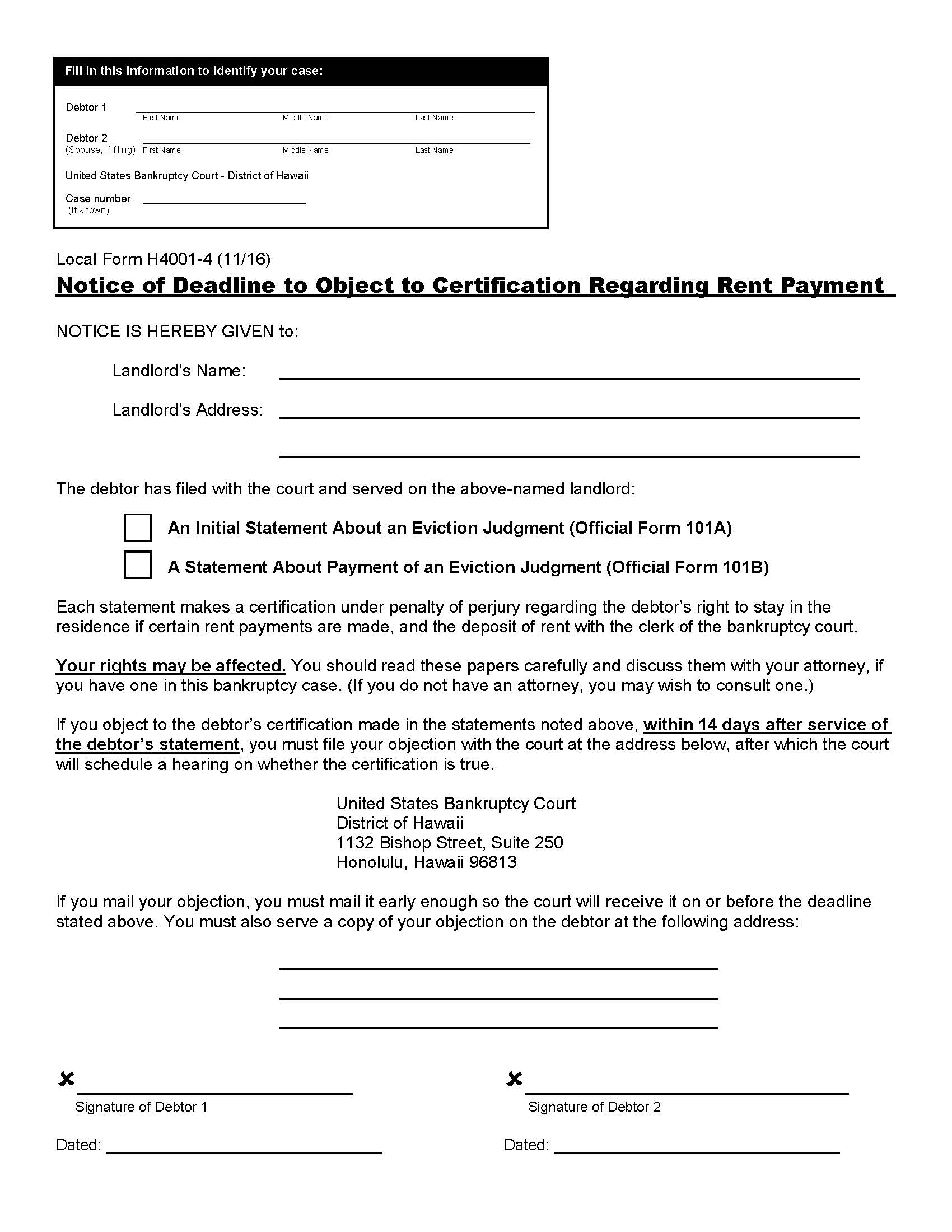 Notice Of Deadline To Object To Certification Regarding Rent Payment {H4001-4} | Pdf Fpdf Docx | Hawaii