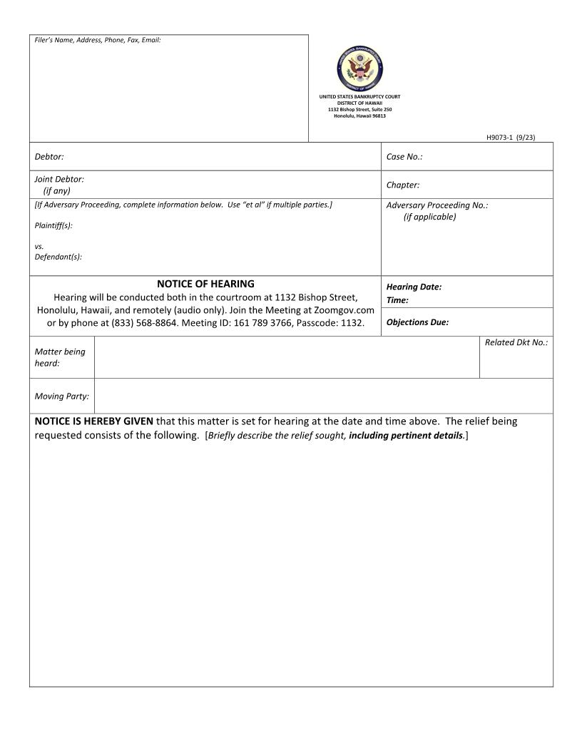 Notice Of Hearing {H9073-1} | Pdf Fpdf Doc Docx | Hawaii