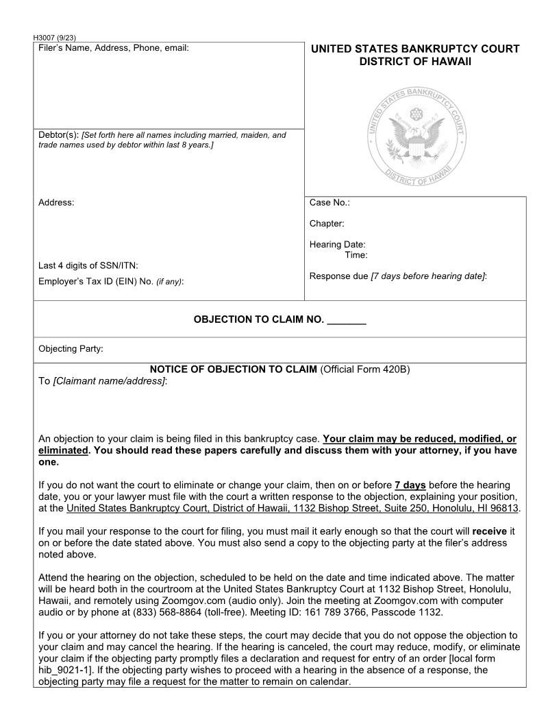 Objection To Claim {H3007} | Pdf Fpdf Docx | Hawaii