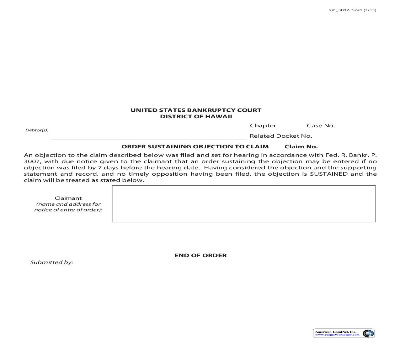 Order Sustaining Objection To Claim {hib 3007-7ord} | Pdf Fpdf Doc Docx | Hawaii