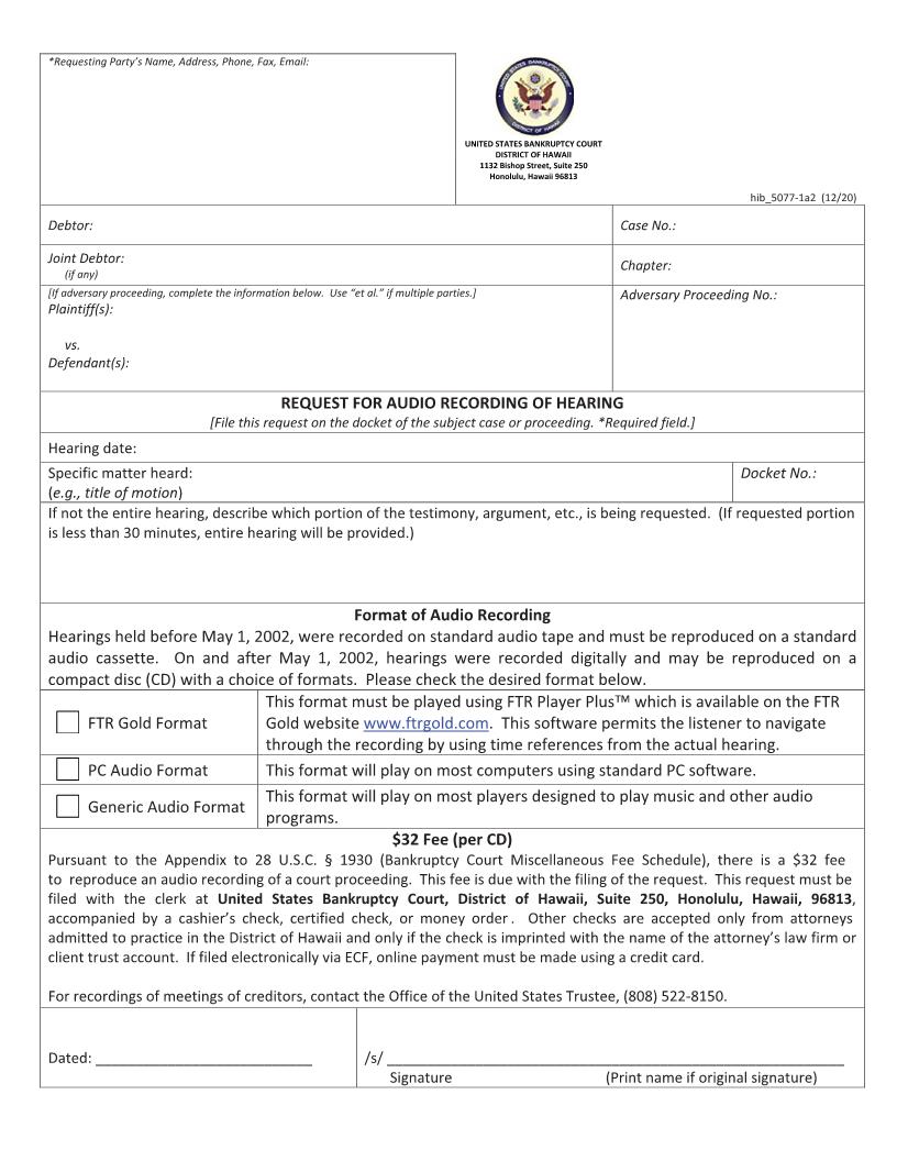 Request For Audio Recording Of Hearing {hib 5077-1a2} | Pdf Fpdf Doc Docx | Hawaii