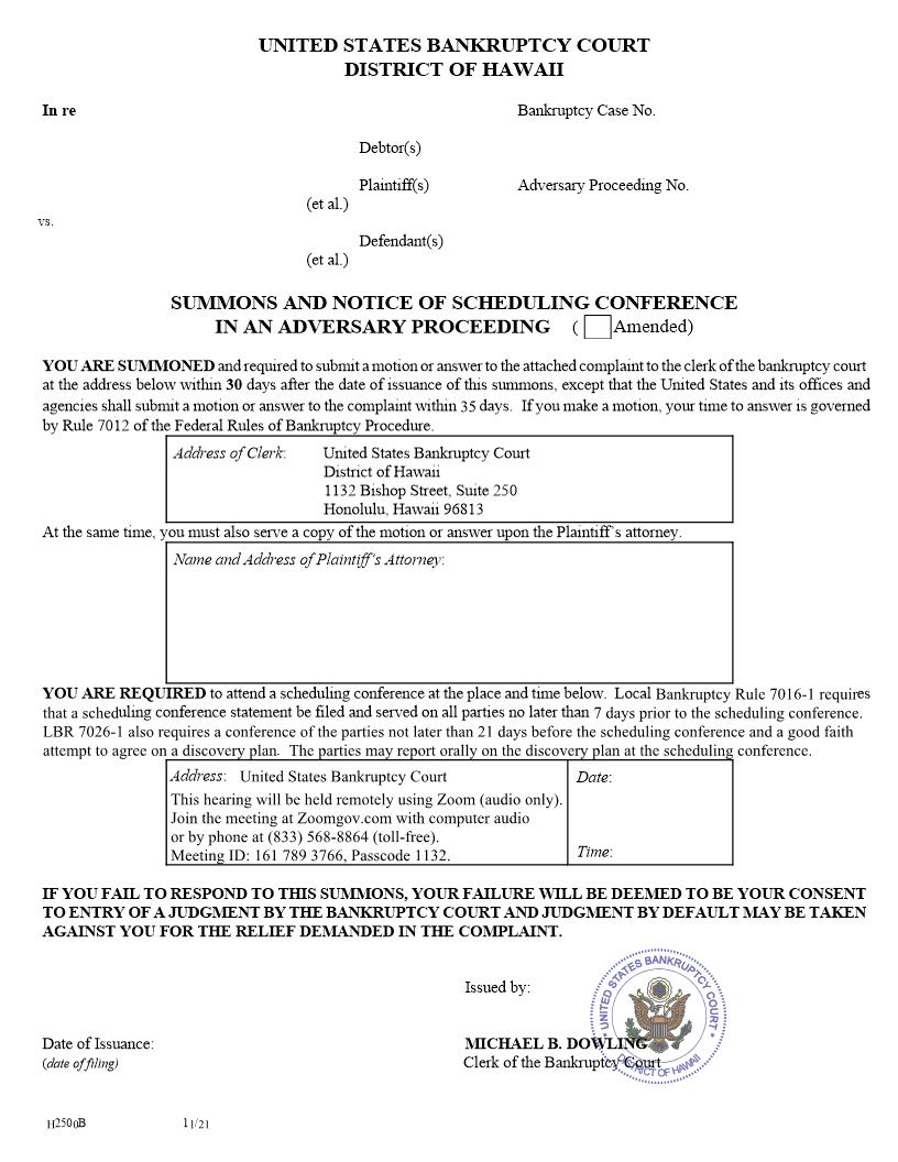 Summons And Notice Of Scheduling Conference In An Adversary Proceeding {H2500B} | Pdf Fpdf Docx | Hawaii