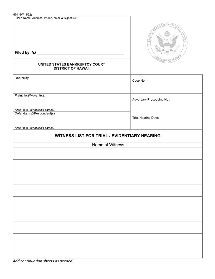 Witness List {H7016w} | Pdf Fpdf Docx | Hawaii