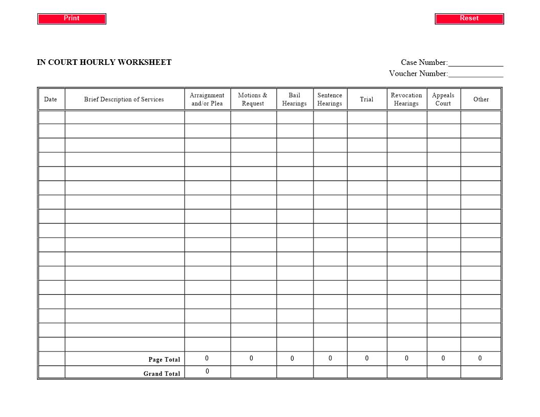 In Court Hourly Worksheet | Pdf Fpdf Docx | Hawaii