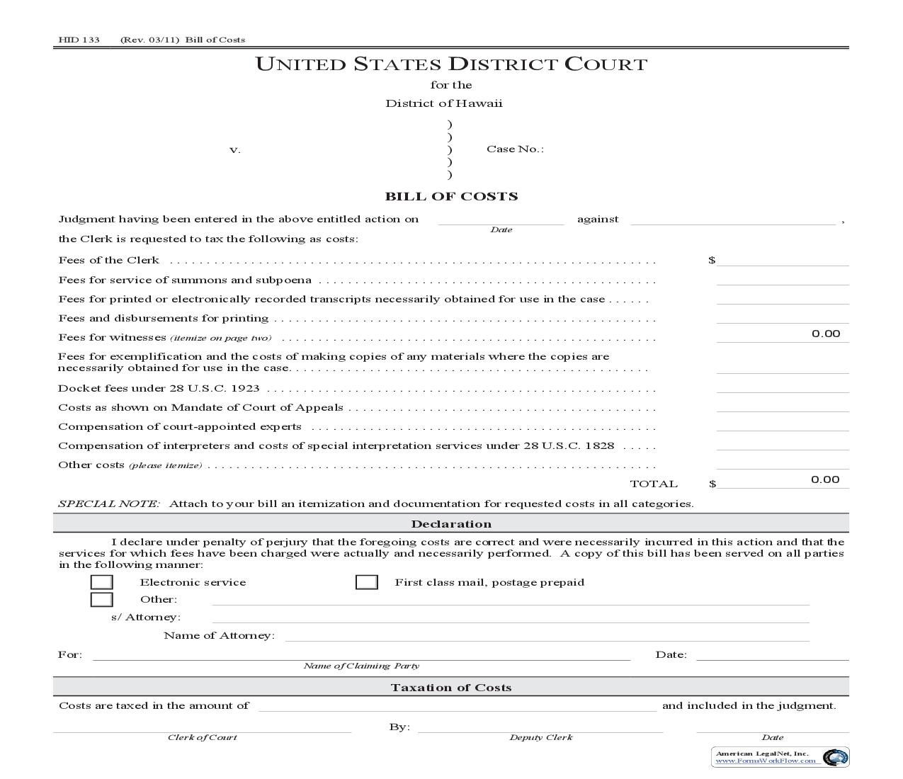 Bill Of Costs {HID 133} | Pdf Fpdf Doc Docx | Hawaii