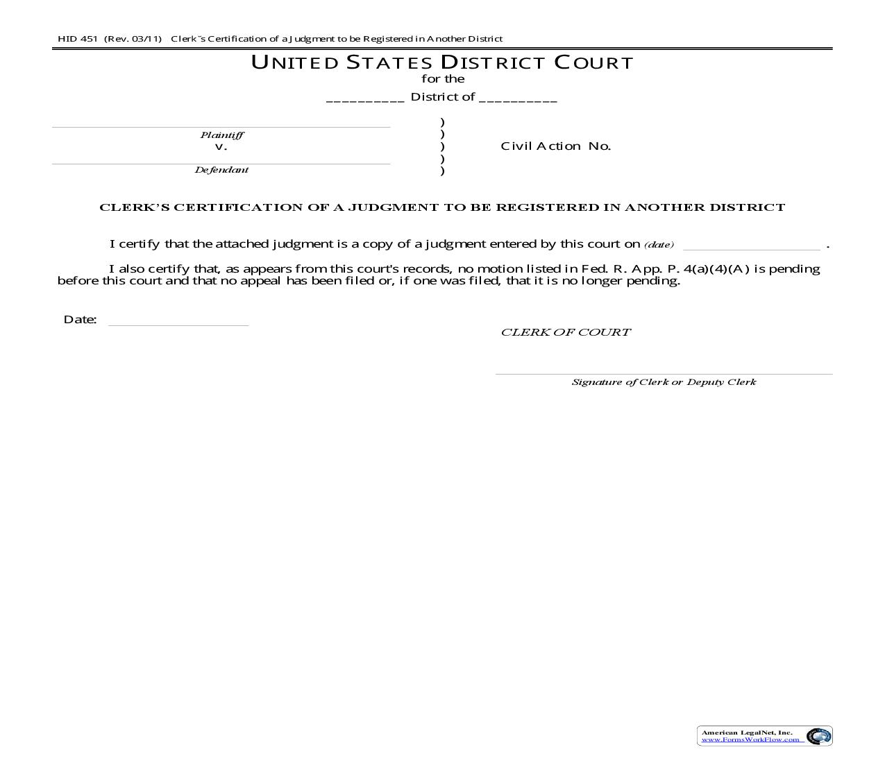 Clerks Certification Of A Judgment To Be Registered In Another District {HID 451} | Pdf Fpdf Doc Docx | Hawaii