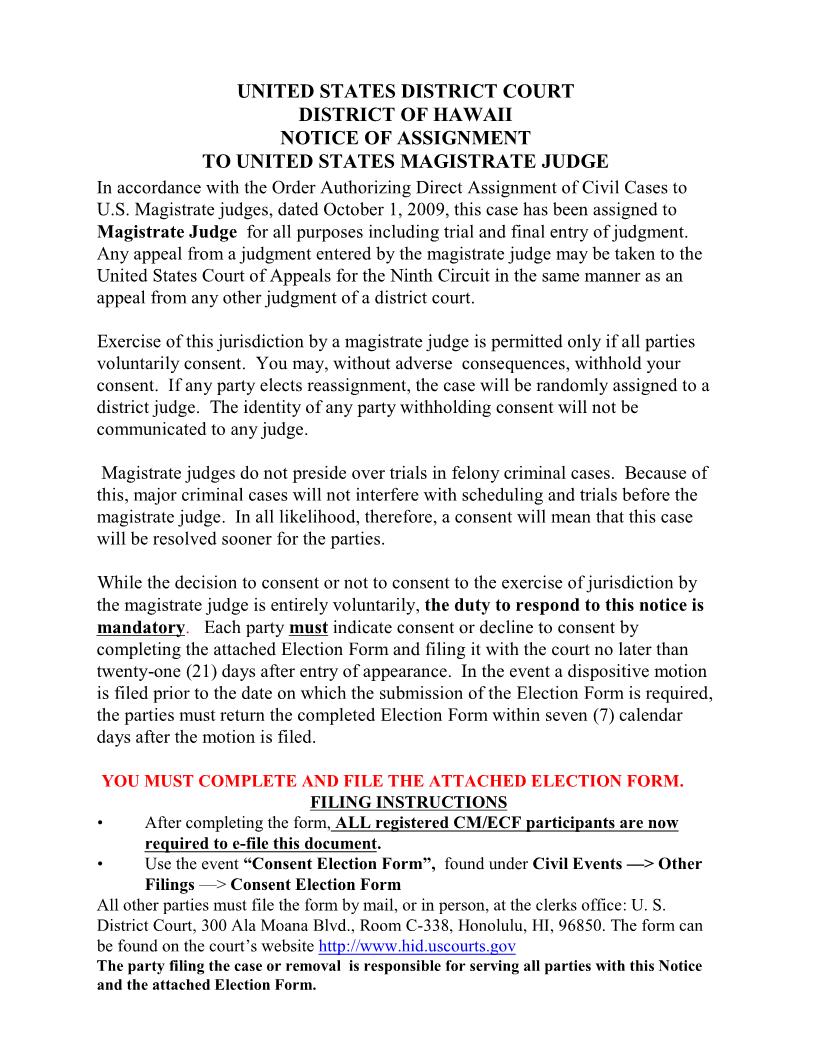 Consent To Jurisdiction By United States Magistrate Judge | Pdf Fpdf Doc Docx | Hawaii