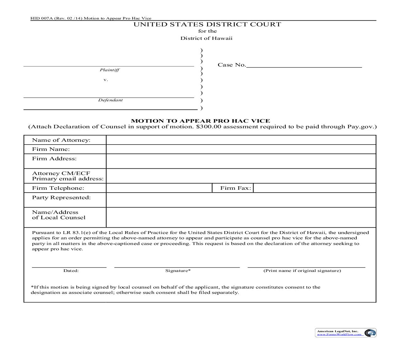Motion To Appear Pro Hac Vice {HID 007A} | Pdf Fpdf Doc Docx | Hawaii