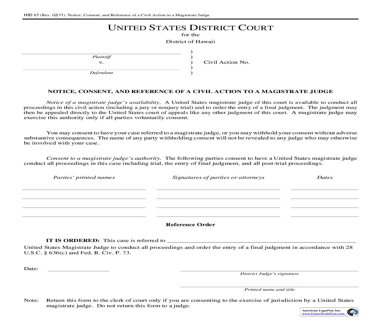 Notice Consent And Reference Of A Civil Action To A Magistrate Judge {HID 85} | Pdf Fpdf Doc Docx | Hawaii