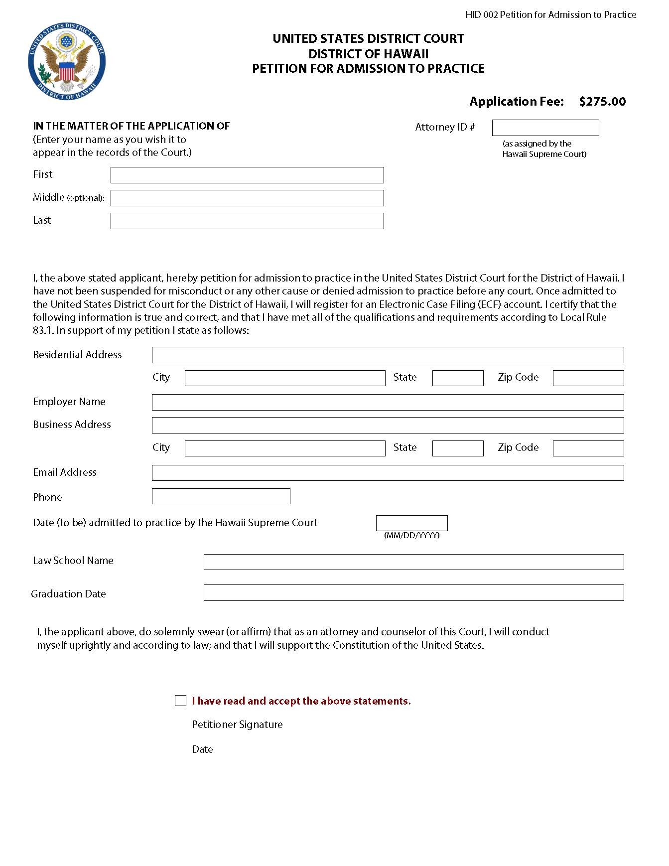 Petition For Admission To Practice {HID 002} | Pdf Fpdf Docx | Hawaii
