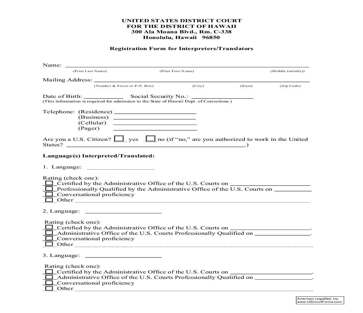 Registration Form For Interpreters Or Translators | Pdf Fpdf Doc Docx | Hawaii