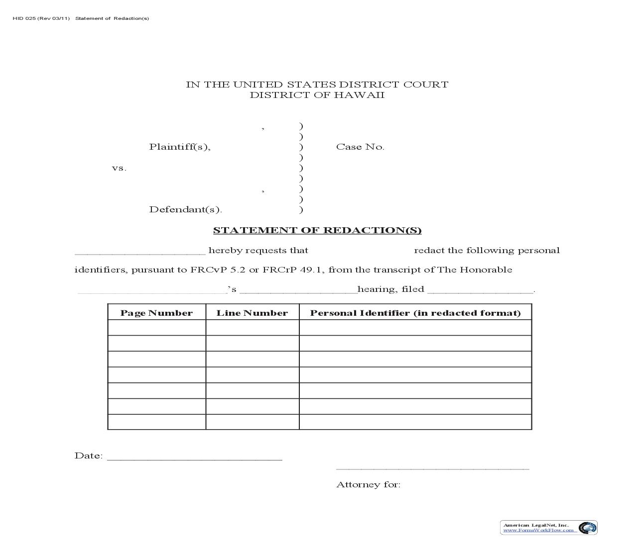 Statement Of Redaction {HID 025} | Pdf Fpdf Doc Docx | Hawaii